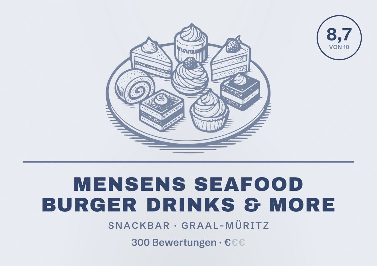 Illustriertes Poster von Mensens Seafood Burger Drinks & More, Snackbar in Graal-Müritz: Bewertung 8,7 von 10 aus 300 Bewertungen, Preisniveau €