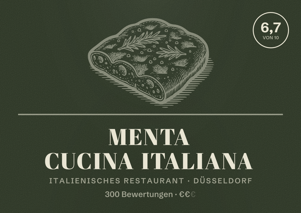 Illustriertes Poster von Menta cucina italiana, Italienisches Restaurant in Düsseldorf: Bewertung 6,7 von 10 aus 300 Bewertungen, Preisniveau €€