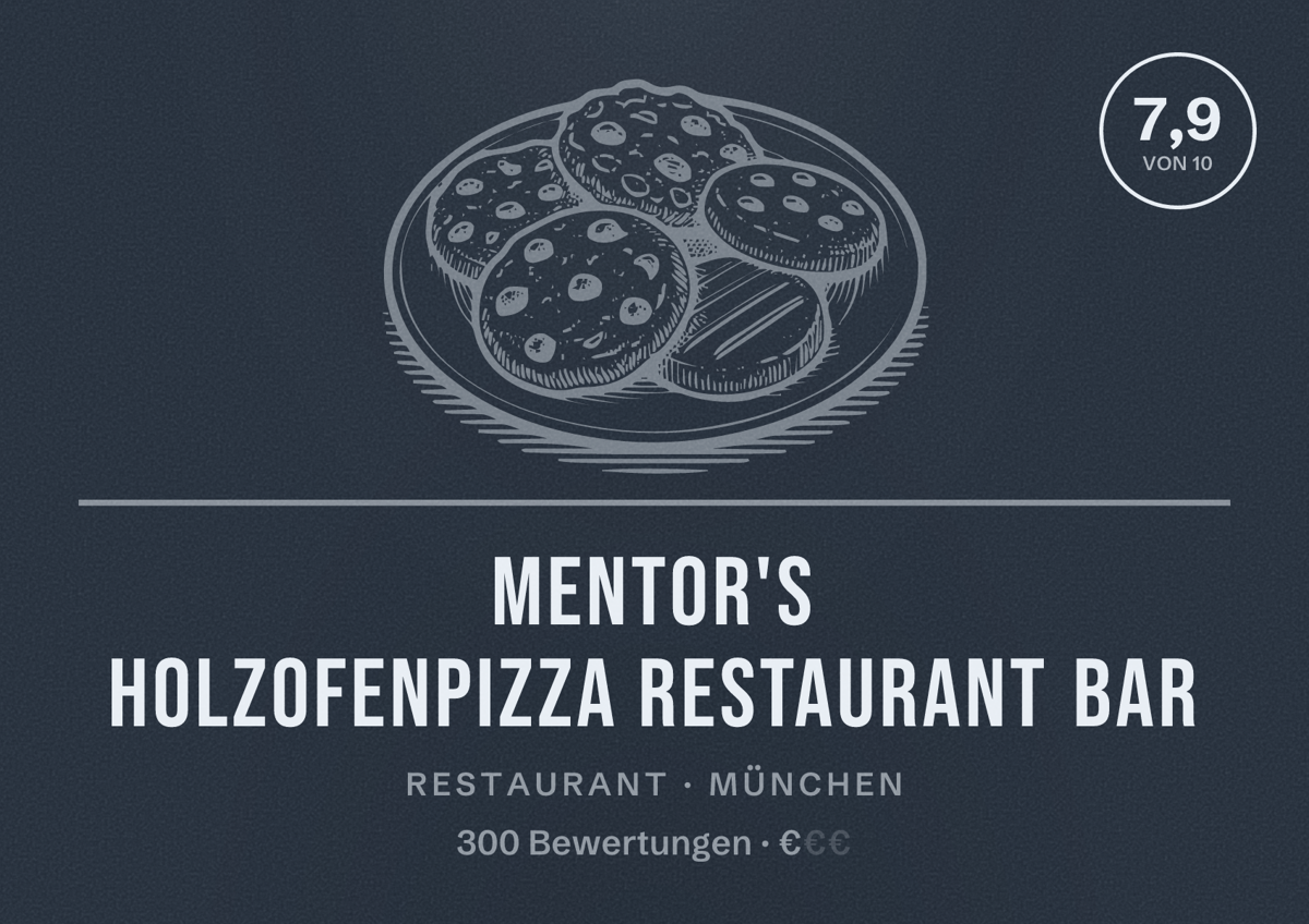 Illustriertes Poster von Mentor's Holzofenpizza Restaurant Bar, Restaurant in München: Bewertung 7,9 von 10 aus 300 Bewertungen, Preisniveau €