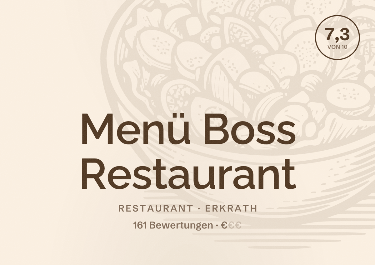 Illustriertes Poster von Menü Boss Restaurant, Restaurant in Erkrath: Bewertung 7,3 von 10 aus 161 Bewertungen, Preisniveau €