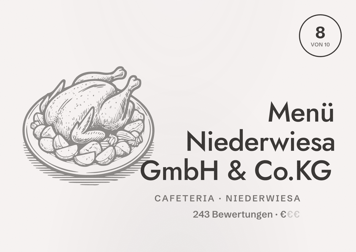 Illustriertes Poster von Menü Niederwiesa GmbH & Co.KG, Cafeteria in Niederwiesa: Bewertung 8 von 10 aus 243 Bewertungen, Preisniveau €