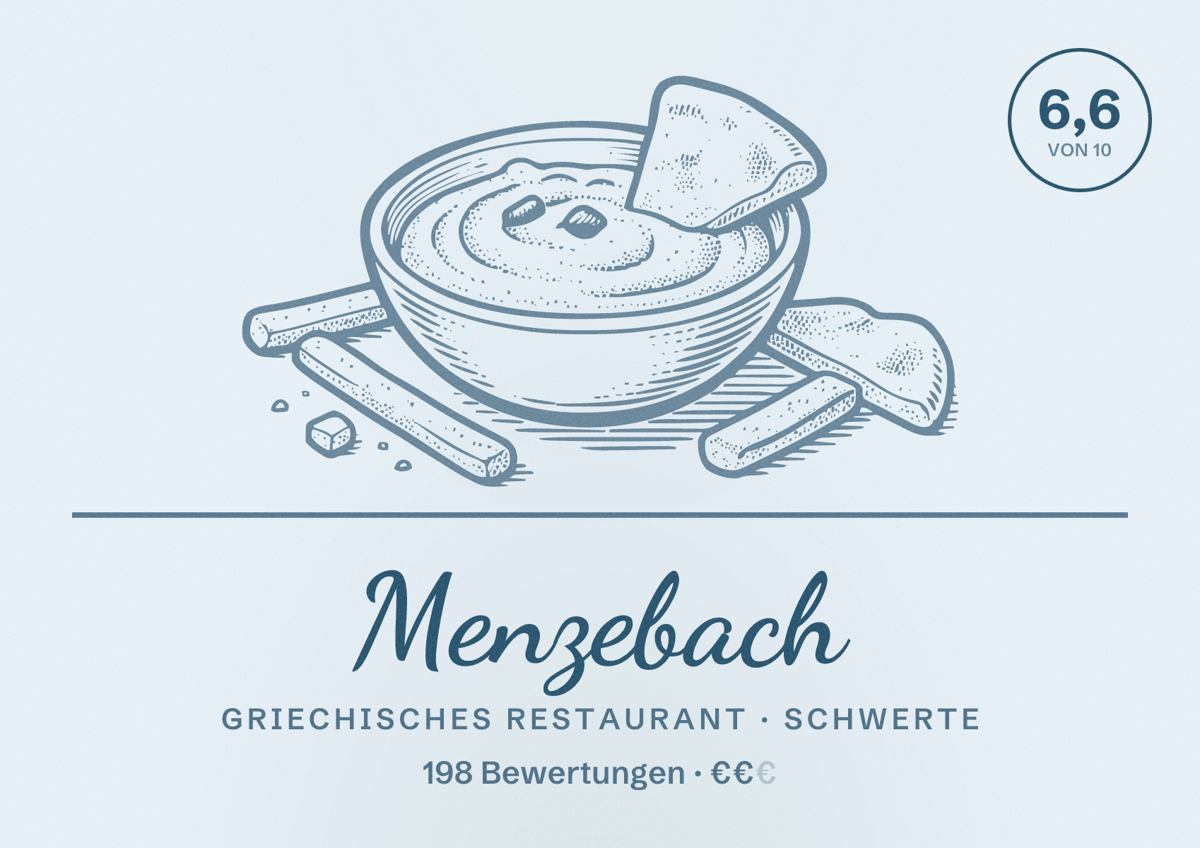 Illustriertes Poster von Menzebach, Griechisches Restaurant in Schwerte: Bewertung 6,6 von 10 aus 198 Bewertungen, Preisniveau €€