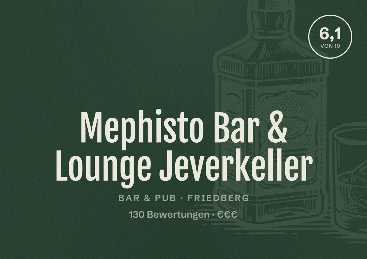 Illustriertes Poster von Mephisto Bar & Lounge Jeverkeller, Bar & Pub in Friedberg: Bewertung 6,1 von 10 aus 130 Bewertungen, Preisniveau €€€
