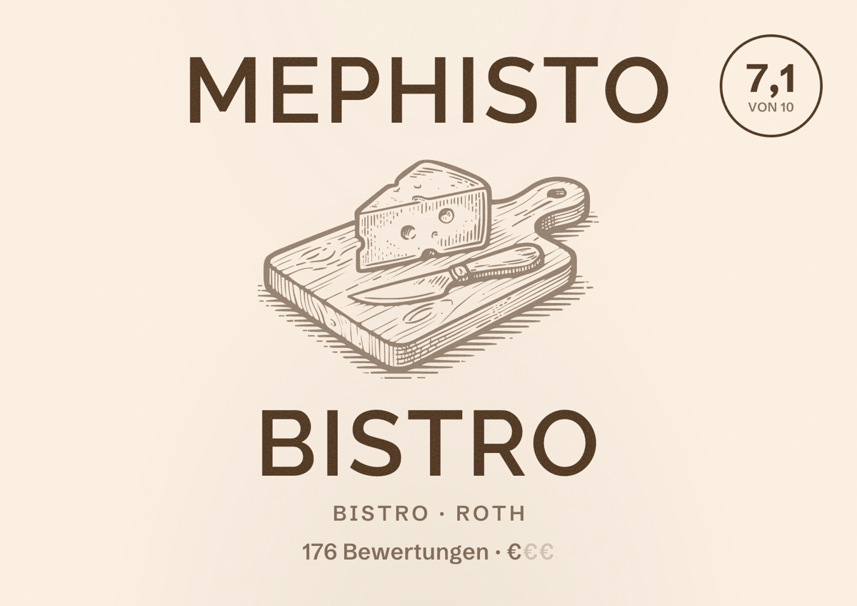 Illustriertes Poster von Mephisto Bistro, Bistro in Roth: Bewertung 7,1 von 10 aus 176 Bewertungen, Preisniveau €