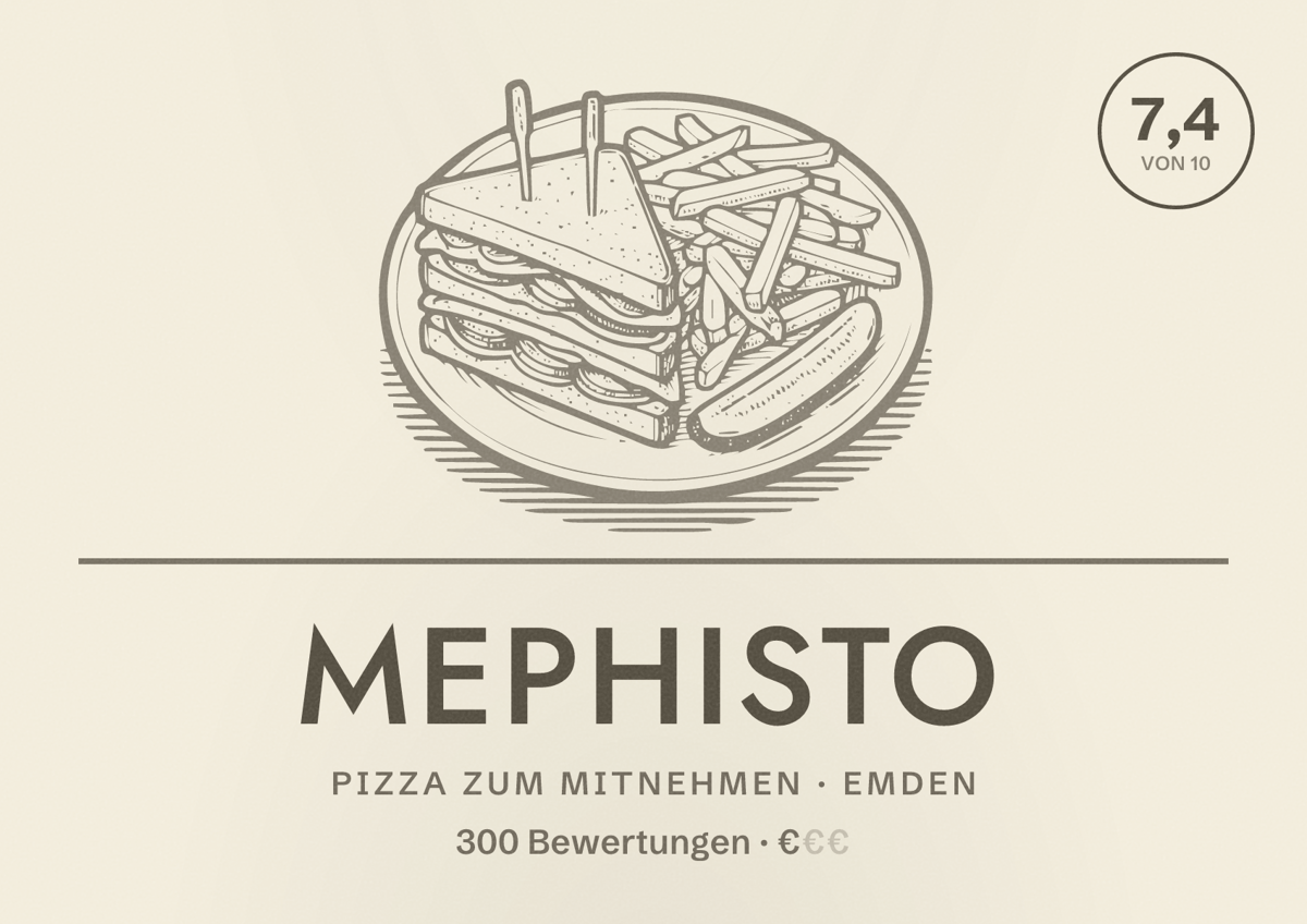 Illustriertes Poster von Mephisto, Pizza zum Mitnehmen in Emden: Bewertung 7,4 von 10 aus 300 Bewertungen, Preisniveau €