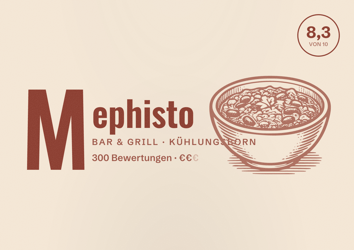 Illustriertes Poster von Mephisto, Bar & Grill in Kühlungsborn: Bewertung 8,3 von 10 aus 300 Bewertungen, Preisniveau €€