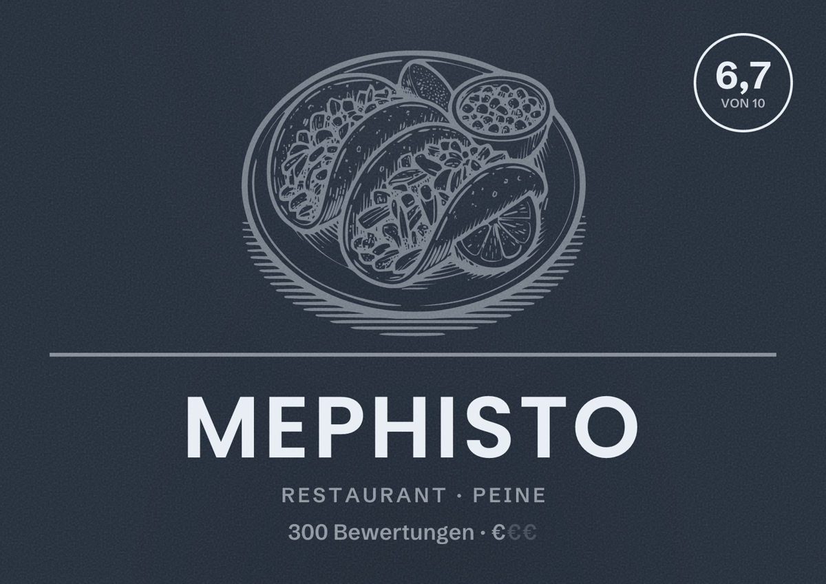 Illustriertes Poster von Mephisto, Restaurant in Peine: Bewertung 6,7 von 10 aus 300 Bewertungen, Preisniveau €