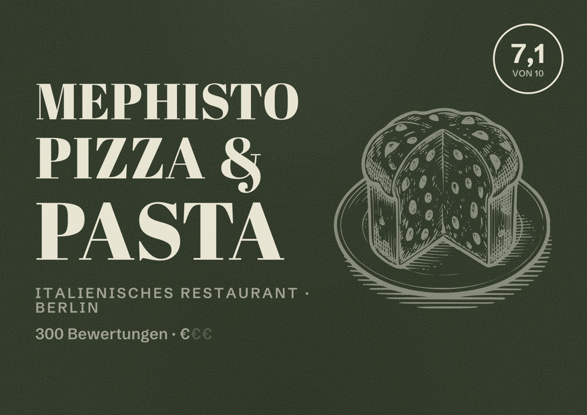 Illustriertes Poster von Mephisto Pizza & Pasta, Italienisches Restaurant in Berlin: Bewertung 7,1 von 10 aus 300 Bewertungen, Preisniveau €