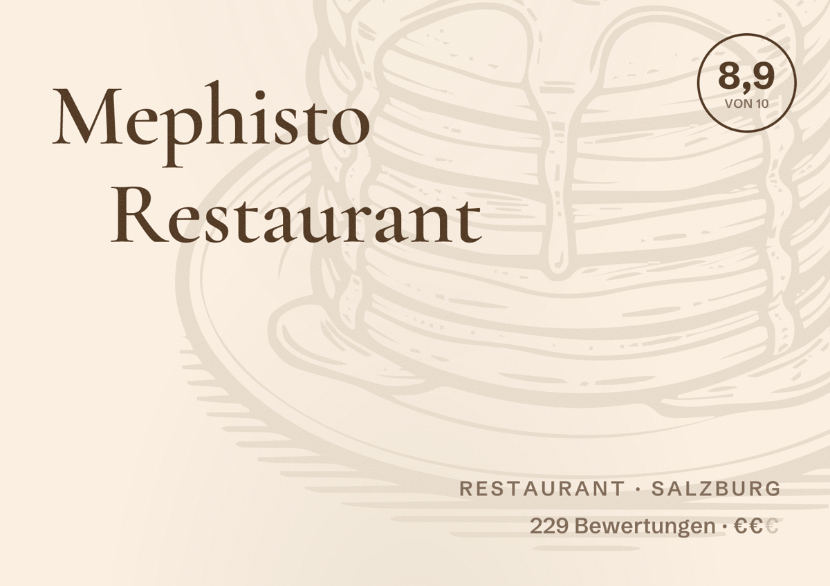 Illustriertes Poster von Mephisto Restaurant, Restaurant in Salzburg: Bewertung 8,9 von 10 aus 229 Bewertungen, Preisniveau €€