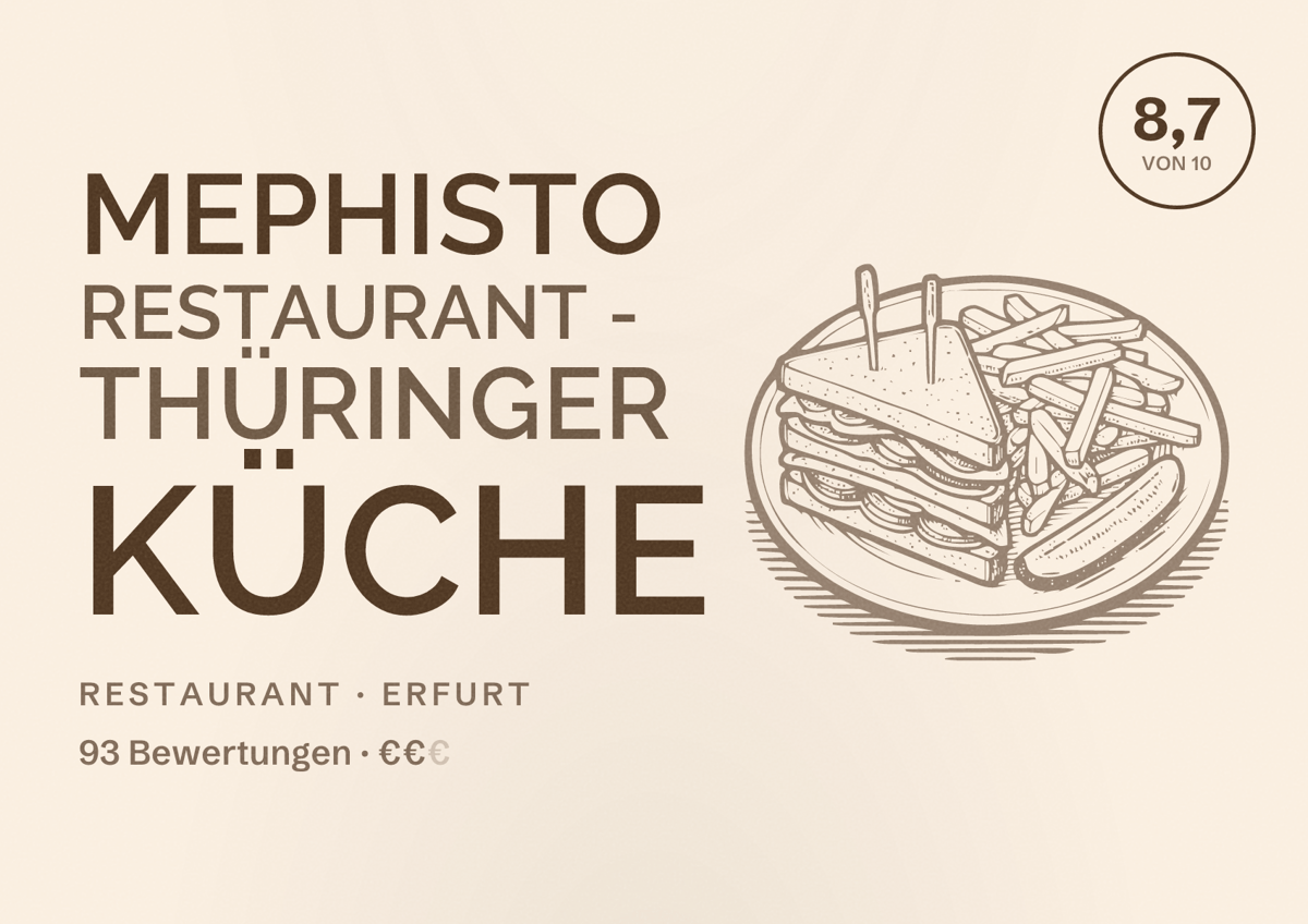 Illustriertes Poster von Mephisto Restaurant - Thüringer Küche, Restaurant in Erfurt: Bewertung 8,7 von 10 aus 93 Bewertungen, Preisniveau €€