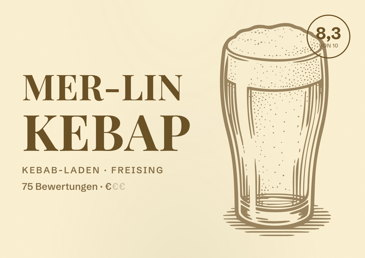 Illustriertes Poster von Mer-Lin Kebap, Kebab-Laden in Freising: Bewertung 8,3 von 10 aus 75 Bewertungen, Preisniveau €