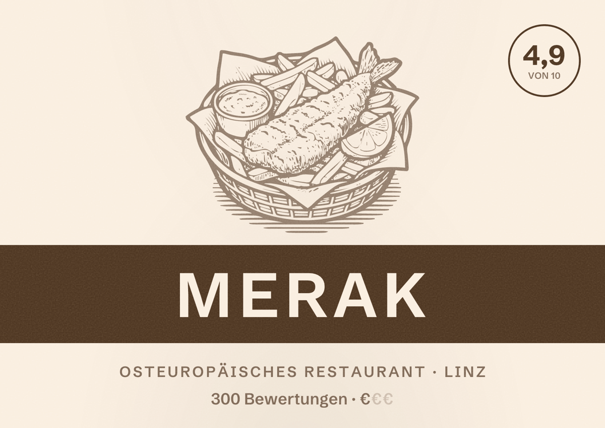 Illustriertes Poster von Merak, Osteuropäisches Restaurant in Linz: Bewertung 4,9 von 10 aus 300 Bewertungen, Preisniveau €