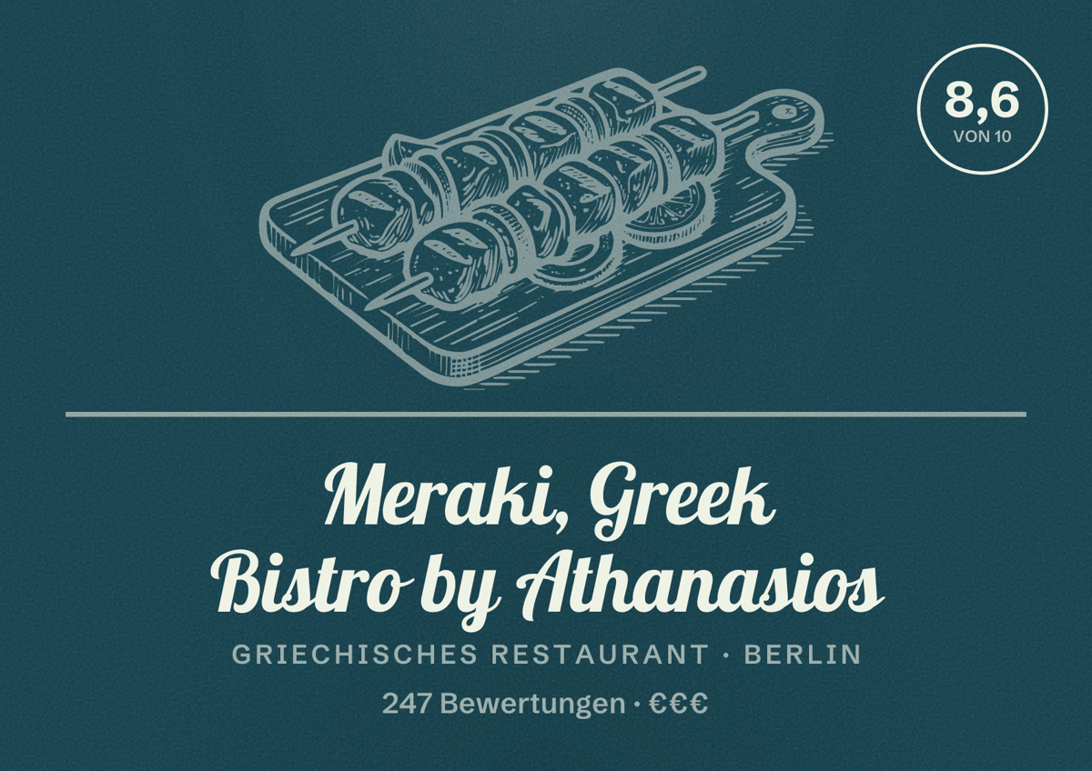 Illustriertes Poster von Meraki, Greek Bistro by Athanasios, Griechisches Restaurant in Berlin: Bewertung 8,6 von 10 aus 247 Bewertungen, Preisniveau €€€