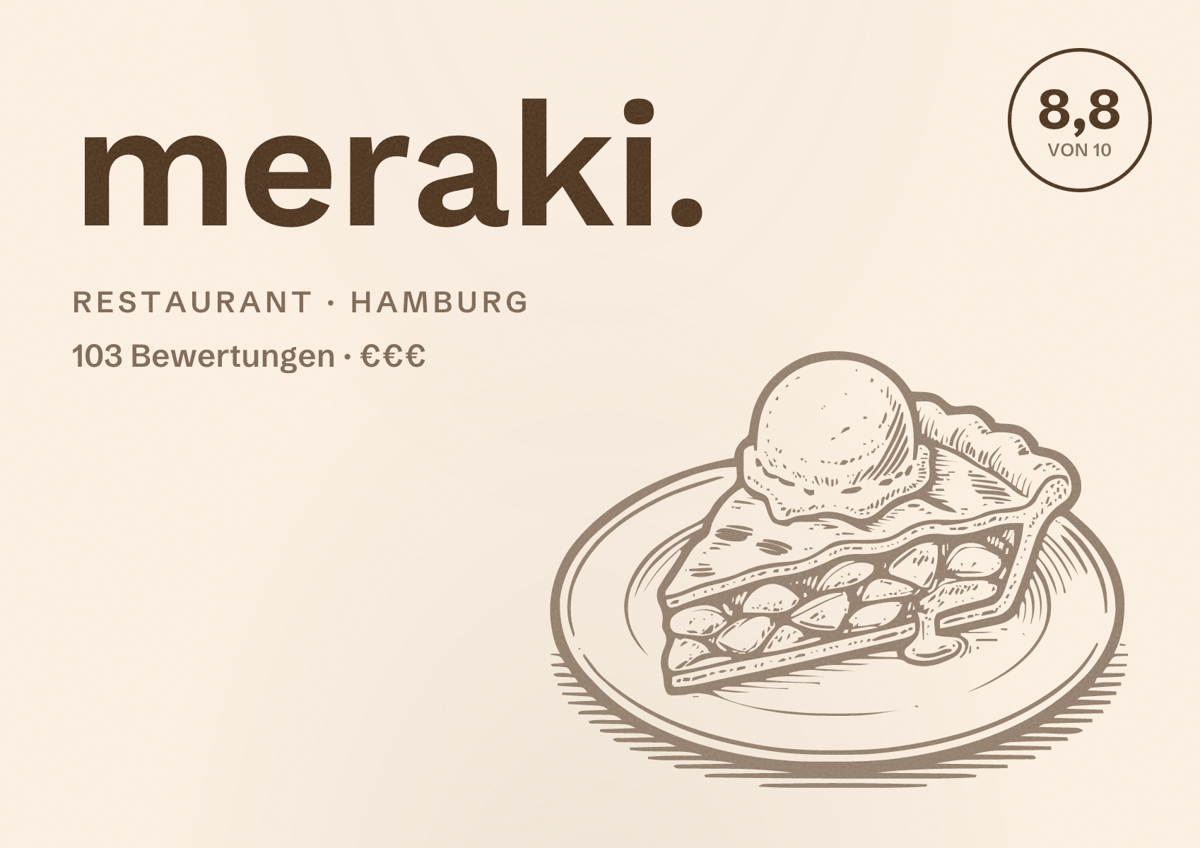 Illustriertes Poster von meraki., Restaurant in Hamburg: Bewertung 8,8 von 10 aus 103 Bewertungen, Preisniveau €€€