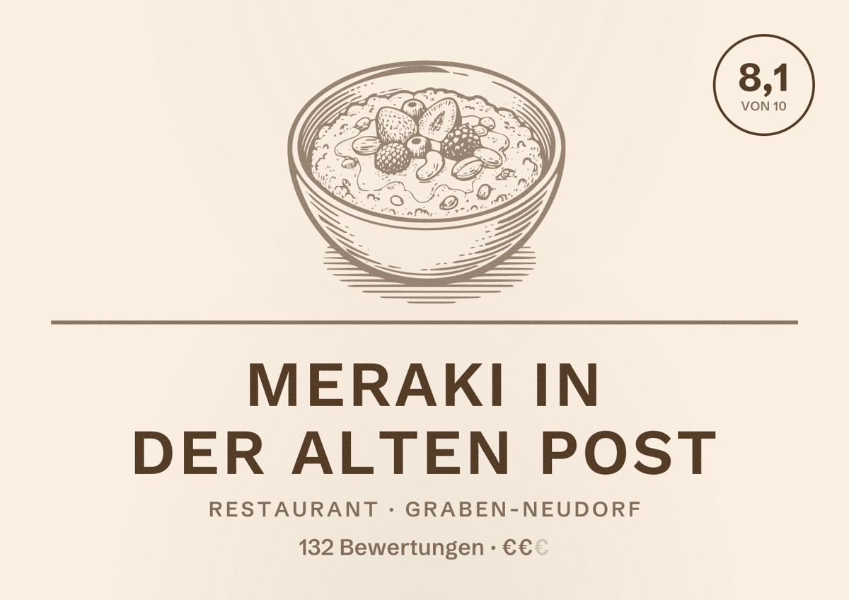 Illustriertes Poster von Meraki in der alten Post, Restaurant in Graben-Neudorf: Bewertung 8,1 von 10 aus 132 Bewertungen, Preisniveau €€