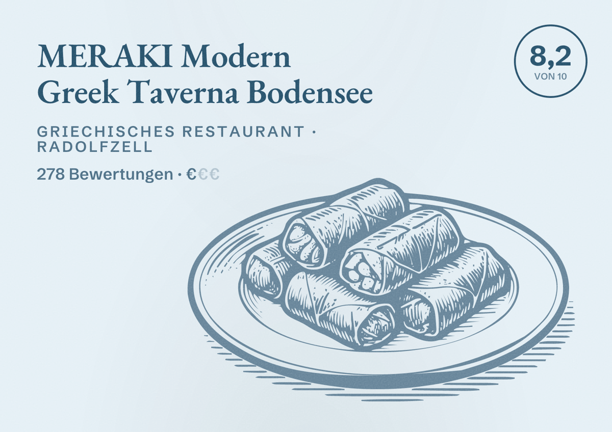Illustriertes Poster von MERAKI Modern Greek Taverna Bodensee, Griechisches Restaurant in Radolfzell: Bewertung 8,2 von 10 aus 278 Bewertungen, Preisniveau €