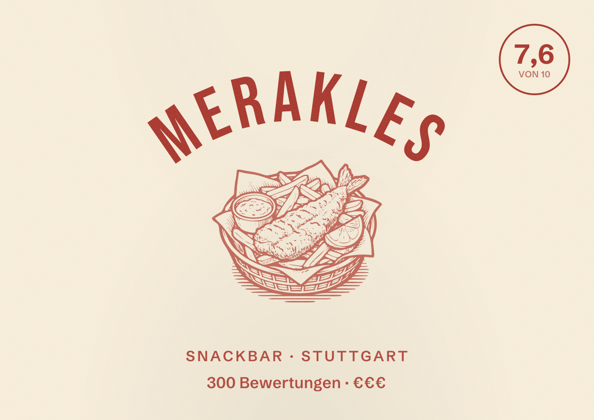 Illustriertes Poster von Merakles, Snackbar in Stuttgart: Bewertung 7,6 von 10 aus 300 Bewertungen, Preisniveau €€€