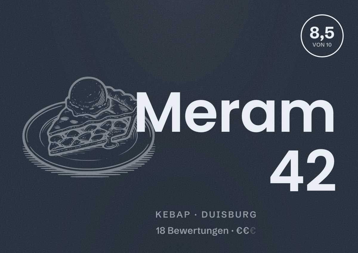 Illustriertes Poster von Meram 42, Kebap in Duisburg: Bewertung 8,5 von 10 aus 18 Bewertungen, Preisniveau €€