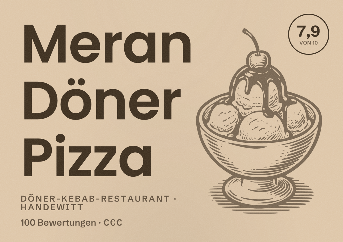 Illustriertes Poster von Meran Döner Pizza, Döner-Kebab-Restaurant in Handewitt: Bewertung 7,9 von 10 aus 100 Bewertungen, Preisniveau €€€