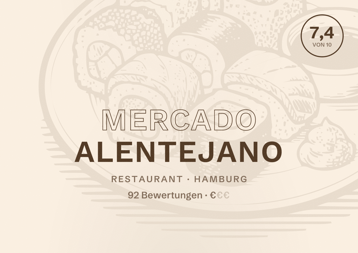 Illustriertes Poster von Mercado Alentejano, Restaurant in Hamburg: Bewertung 7,4 von 10 aus 92 Bewertungen, Preisniveau €