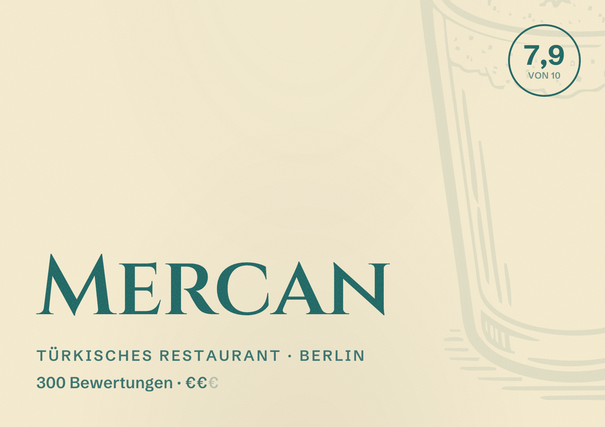 Illustriertes Poster von Mercan, Türkisches Restaurant in Berlin: Bewertung 7,9 von 10 aus 300 Bewertungen, Preisniveau €€