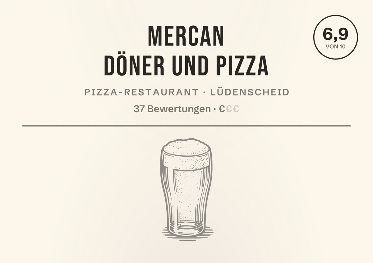 Illustriertes Poster von Mercan Döner und Pizza, Pizza-Restaurant in Lüdenscheid: Bewertung 6,9 von 10 aus 37 Bewertungen, Preisniveau €