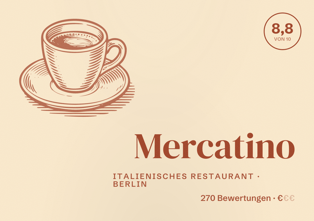 Illustriertes Poster von Mercatino, Italienisches Restaurant in Berlin: Bewertung 8,8 von 10 aus 270 Bewertungen, Preisniveau €