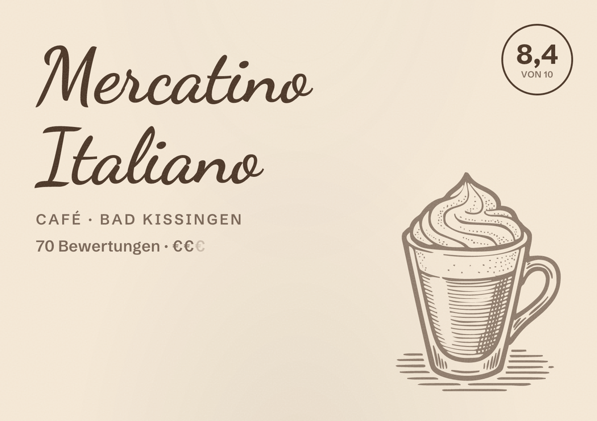 Illustriertes Poster von Mercatino Italiano, Café in Bad Kissingen: Bewertung 8,4 von 10 aus 70 Bewertungen, Preisniveau €€