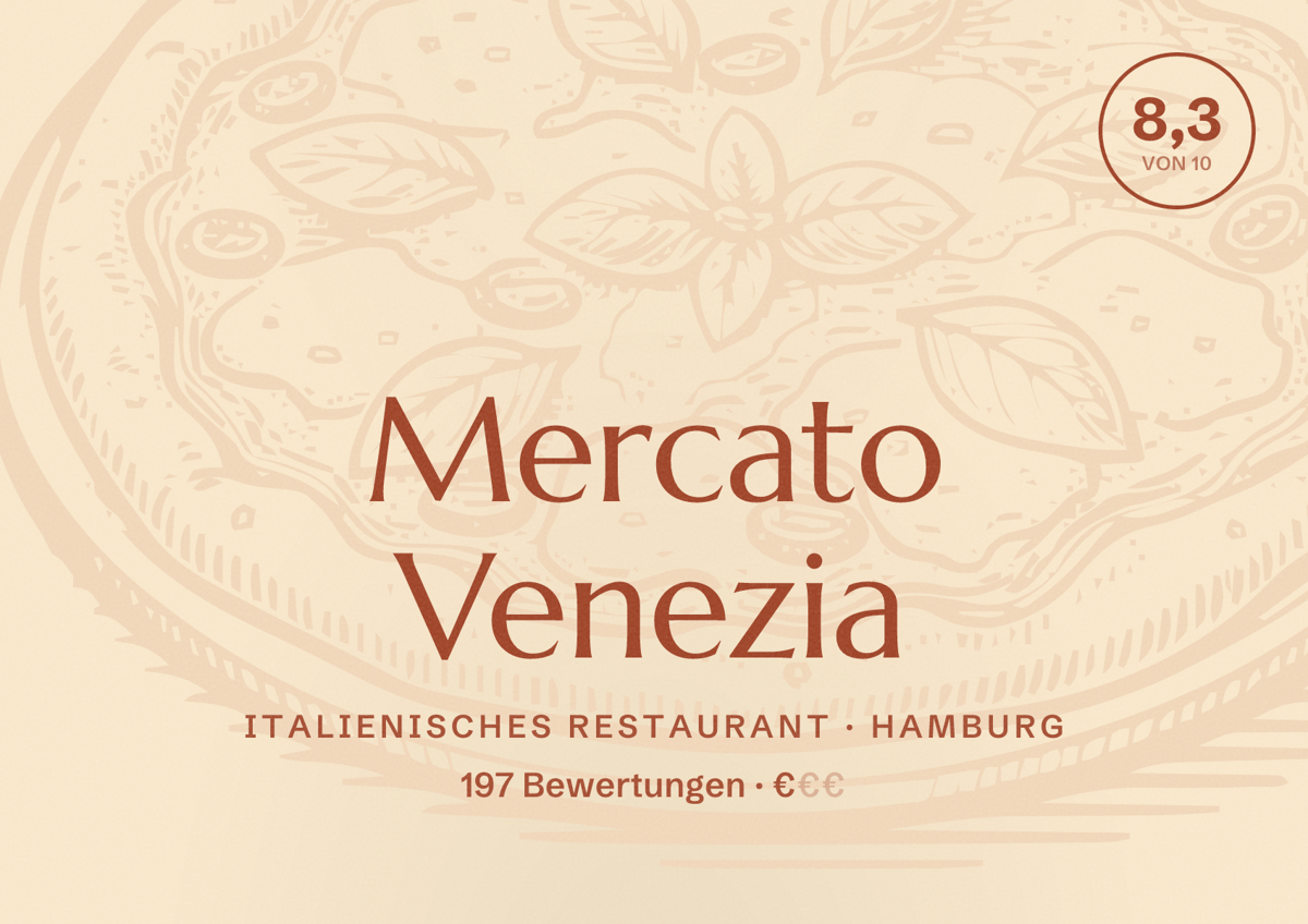 Illustriertes Poster von Mercato Venezia, Italienisches Restaurant in Hamburg: Bewertung 8,3 von 10 aus 197 Bewertungen, Preisniveau €