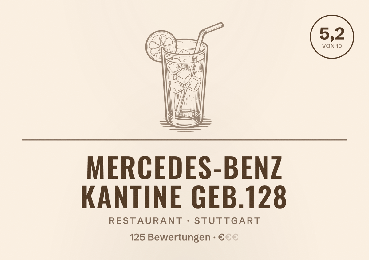 Illustriertes Poster von Mercedes-Benz Kantine Geb.128, Restaurant in Stuttgart: Bewertung 5,2 von 10 aus 125 Bewertungen, Preisniveau €