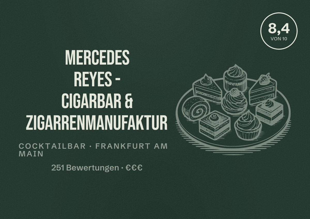 Illustriertes Poster von Mercedes Reyes - Cigarbar & Zigarrenmanufaktur, Cocktailbar in Frankfurt am Main: Bewertung 8,4 von 10 aus 251 Bewertungen, Preisniveau €€€