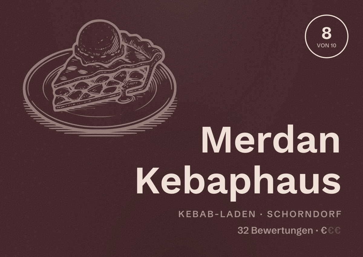 Illustriertes Poster von Merdan Kebaphaus, Kebab-Laden in Schorndorf: Bewertung 8 von 10 aus 32 Bewertungen, Preisniveau €