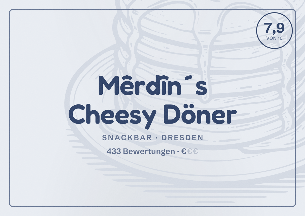 Illustriertes Poster von Mêrdîn´s Cheesy Döner, Snackbar in Dresden: Bewertung 7,9 von 10 aus 433 Bewertungen, Preisniveau €