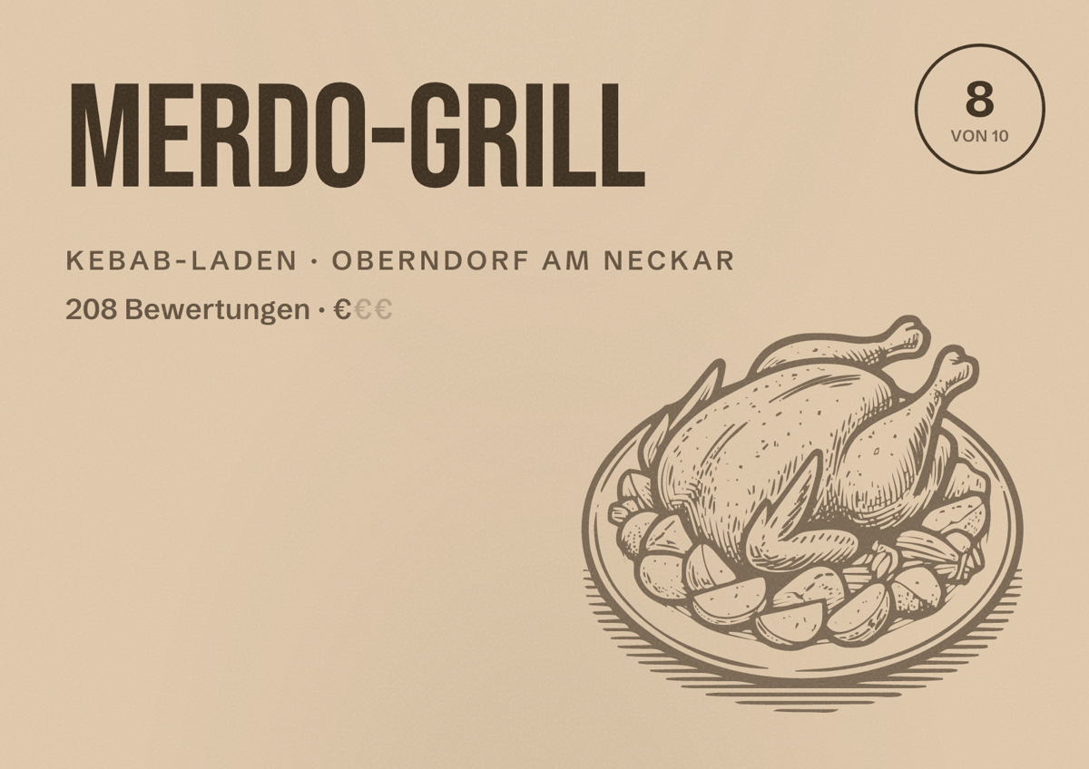 Illustriertes Poster von Merdo-Grill, Kebab-Laden in Oberndorf am Neckar: Bewertung 8 von 10 aus 208 Bewertungen, Preisniveau €