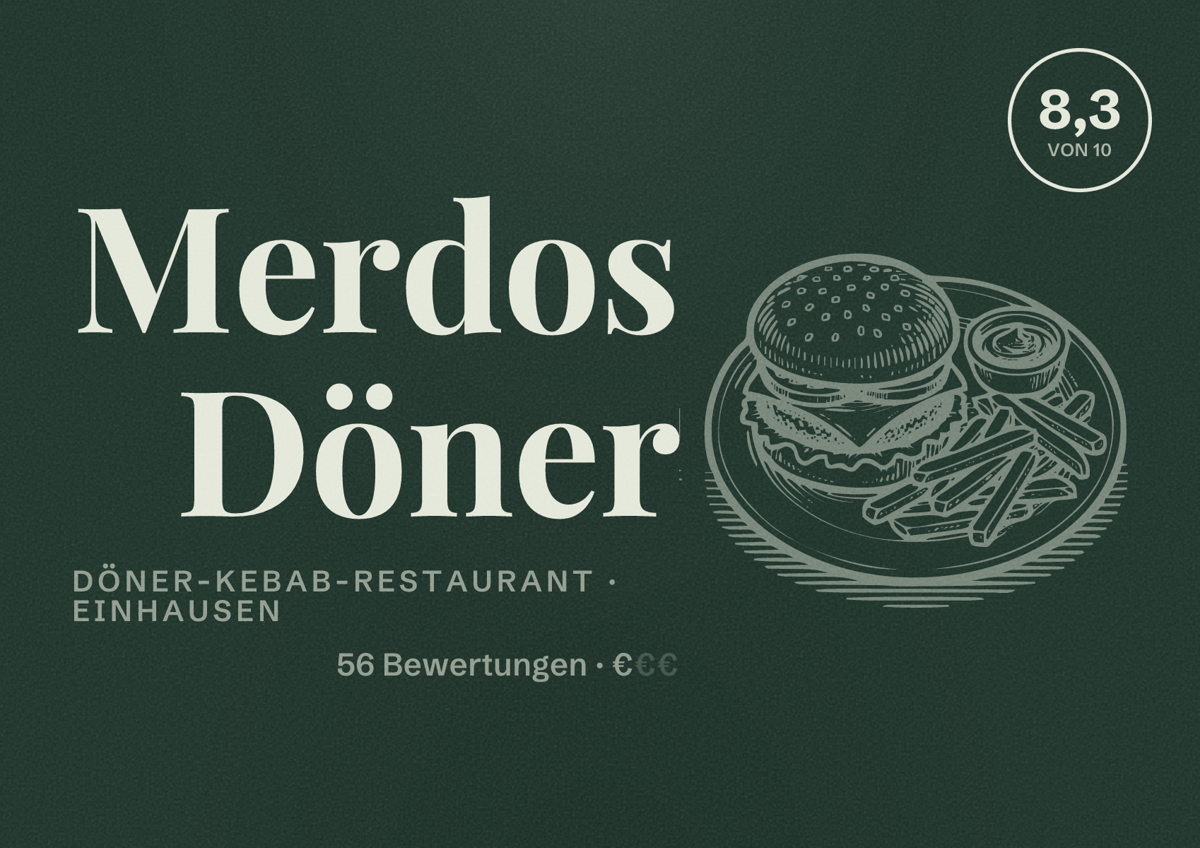 Illustriertes Poster von Merdos Döner, Döner-Kebab-Restaurant in Einhausen: Bewertung 8,3 von 10 aus 56 Bewertungen, Preisniveau €