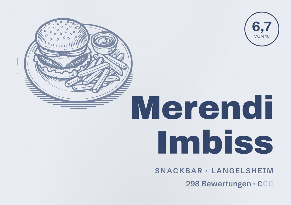 Illustriertes Poster von Merendi Imbiss, Snackbar in Langelsheim: Bewertung 6,7 von 10 aus 298 Bewertungen, Preisniveau €