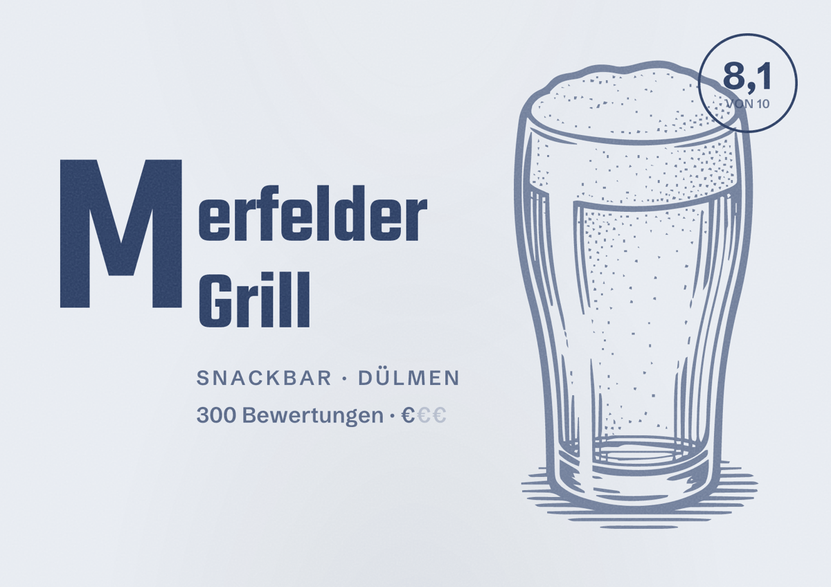 Illustriertes Poster von Merfelder Grill, Snackbar in Dülmen: Bewertung 8,1 von 10 aus 300 Bewertungen, Preisniveau €