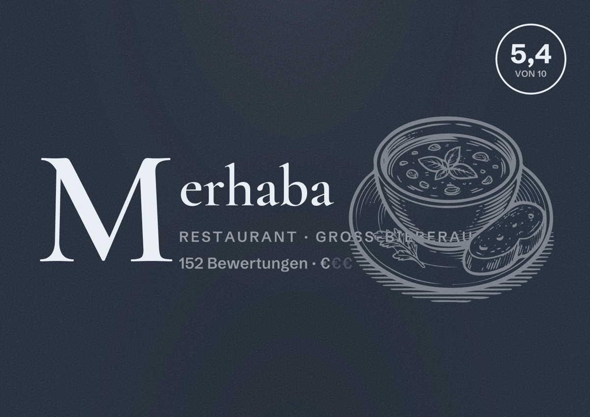Illustriertes Poster von Merhaba, Restaurant in Groß-Bieberau: Bewertung 5,4 von 10 aus 152 Bewertungen, Preisniveau €