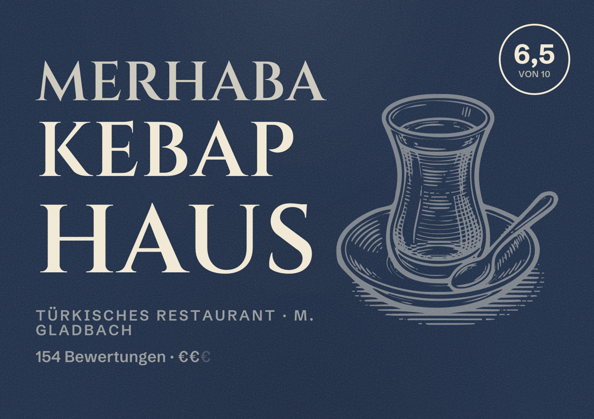 Illustriertes Poster von Merhaba Kebap Haus, Türkisches Restaurant in M. Gladbach: Bewertung 6,5 von 10 aus 154 Bewertungen, Preisniveau €€