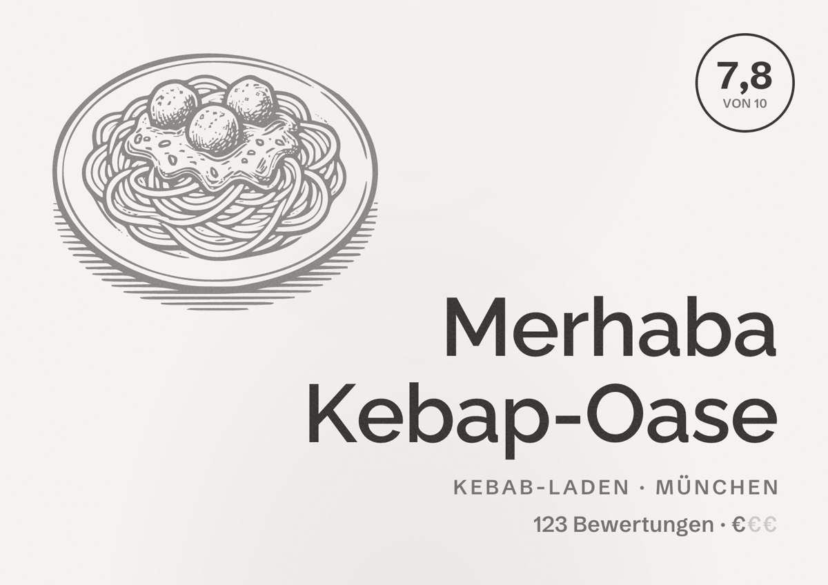Illustriertes Poster von Merhaba Kebap-Oase, Kebab-Laden in München: Bewertung 7,8 von 10 aus 123 Bewertungen, Preisniveau €