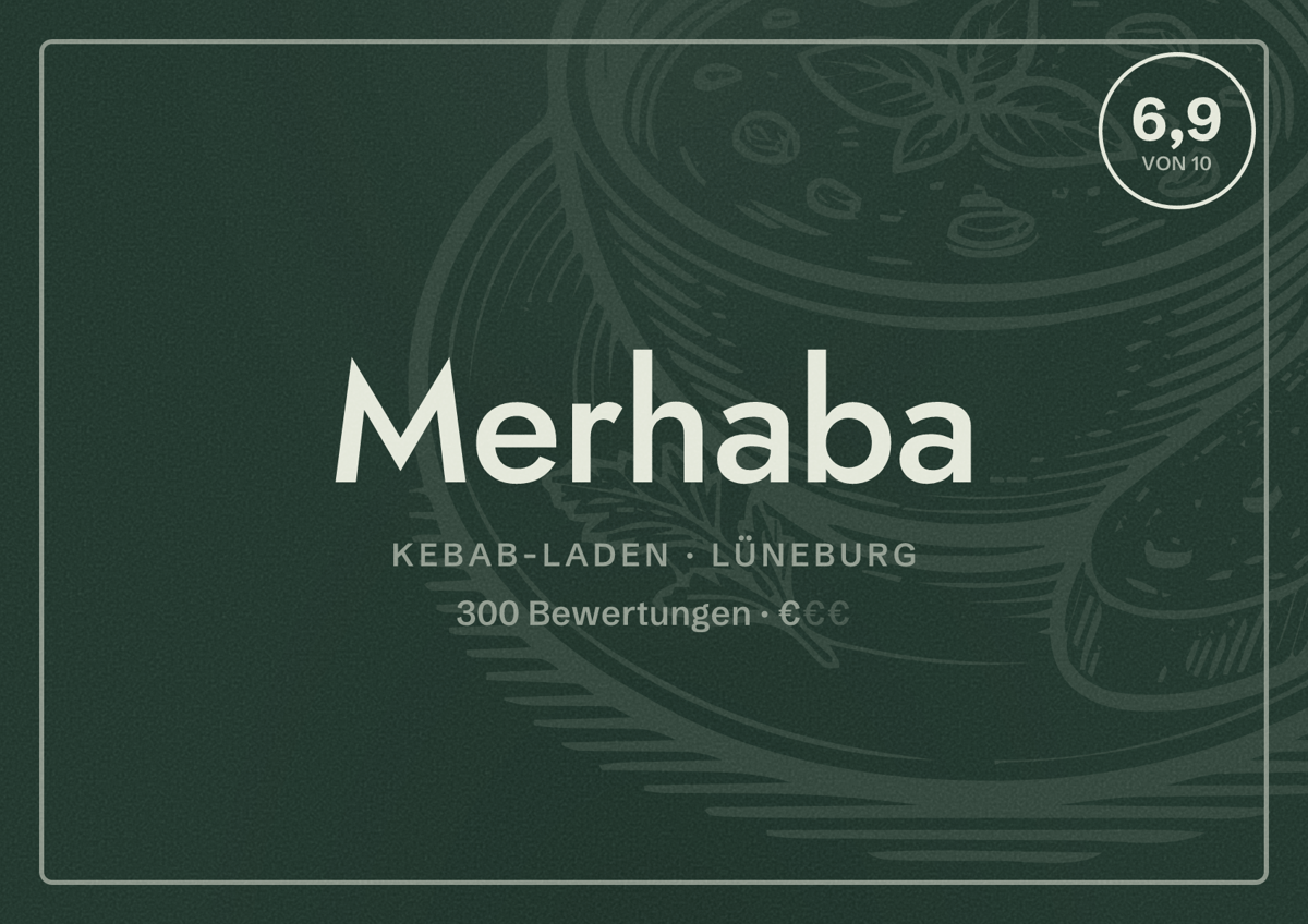 Illustriertes Poster von Merhaba, Kebab-Laden in Lüneburg: Bewertung 6,9 von 10 aus 300 Bewertungen, Preisniveau €
