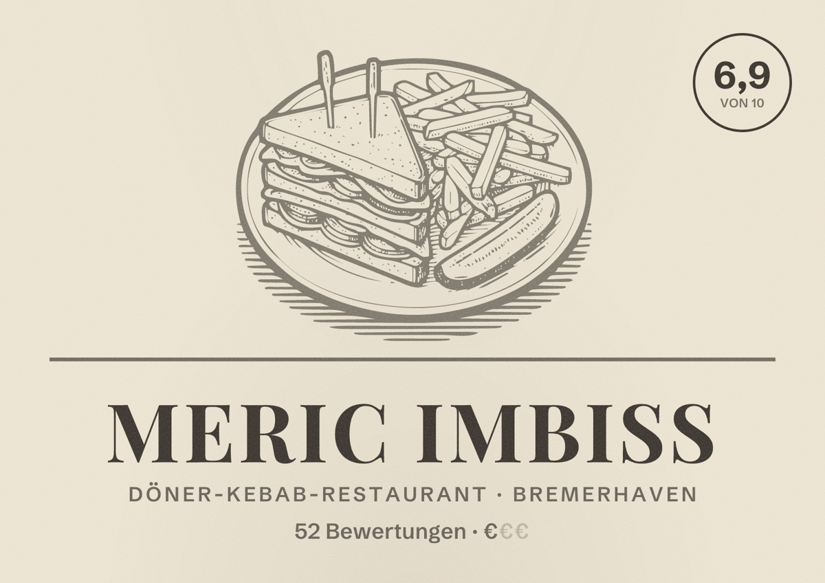 Illustriertes Poster von Meric Imbiss, Döner-Kebab-Restaurant in Bremerhaven: Bewertung 6,9 von 10 aus 52 Bewertungen, Preisniveau €
