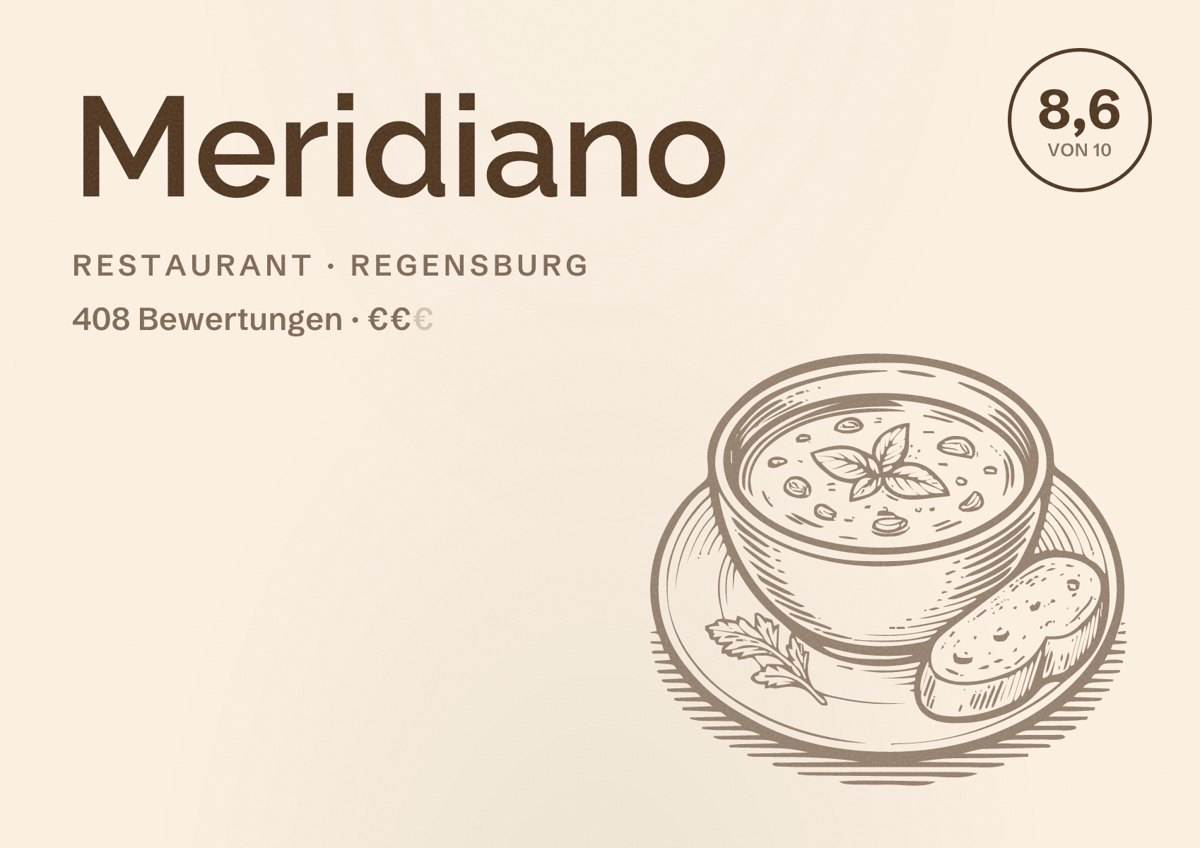 Illustriertes Poster von Meridiano, Restaurant in Regensburg: Bewertung 8,6 von 10 aus 408 Bewertungen, Preisniveau €€