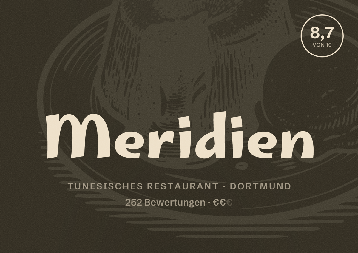Illustriertes Poster von Meridien, Tunesisches Restaurant in Dortmund: Bewertung 8,7 von 10 aus 252 Bewertungen, Preisniveau €€