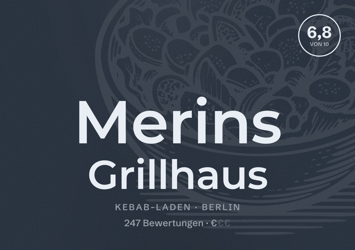 Illustriertes Poster von Merins Grillhaus, Kebab-Laden in Berlin: Bewertung 6,8 von 10 aus 247 Bewertungen, Preisniveau €