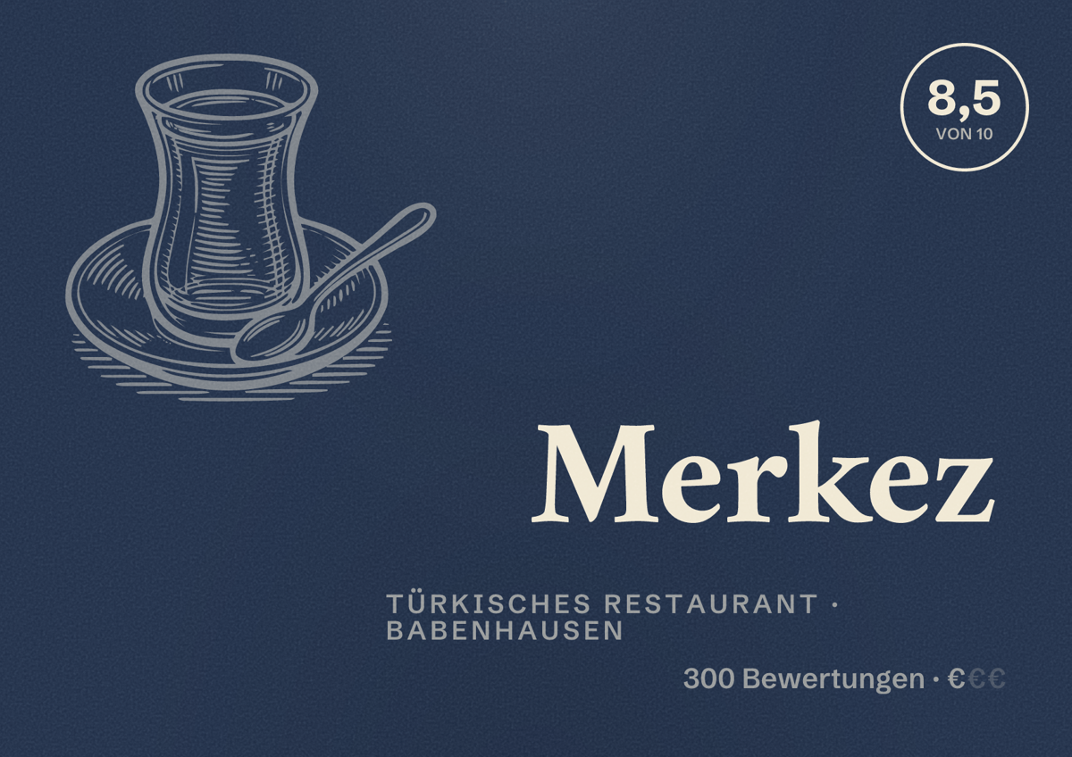 Illustriertes Poster von Merkez, Türkisches Restaurant in Babenhausen: Bewertung 8,5 von 10 aus 300 Bewertungen, Preisniveau €