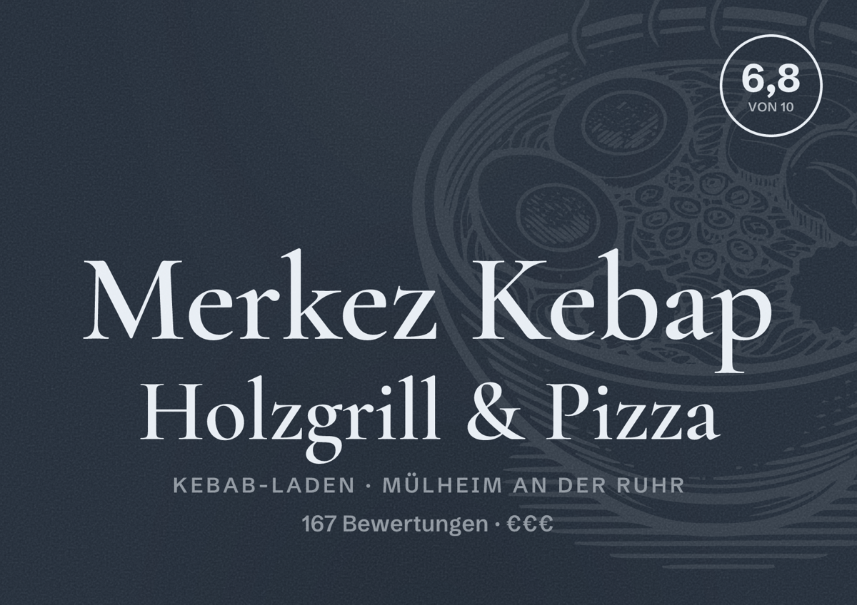 Illustriertes Poster von Merkez Kebap Holzgrill & Pizza, Kebab-Laden in Mülheim an der Ruhr: Bewertung 6,8 von 10 aus 167 Bewertungen, Preisniveau €€€