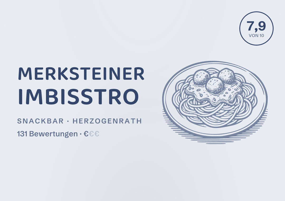 Illustriertes Poster von Merksteiner Imbisstro, Snackbar in Herzogenrath: Bewertung 7,9 von 10 aus 131 Bewertungen, Preisniveau €
