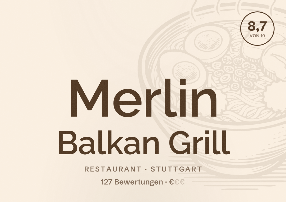 Illustriertes Poster von Merlin Balkan Grill, Restaurant in Stuttgart: Bewertung 8,7 von 10 aus 127 Bewertungen, Preisniveau €