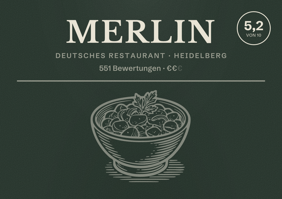 Illustriertes Poster von Merlin, Deutsches Restaurant in Heidelberg: Gästebewertung 5,2 von 10 aus 551 Bewertungen